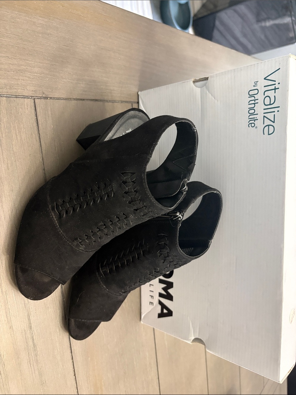 Madden Girl Black Suede Peep-Toe Block Heel Mules with Woven Detail